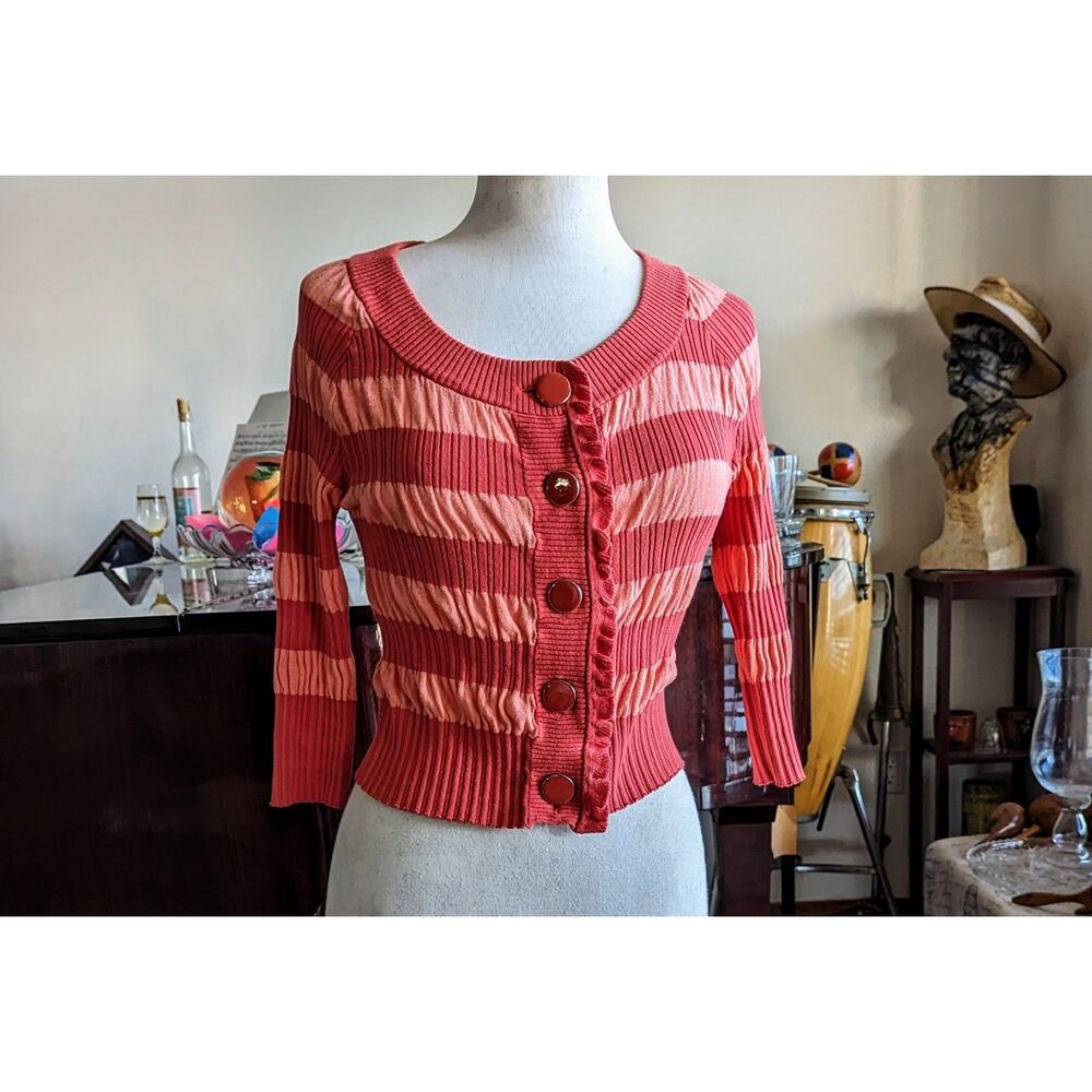 ELLE M Coral Pink Striped Ribbed Cardigan Ruffle Button 3/4 Sleeve